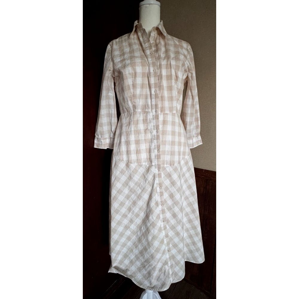 Cremieux Dress Women's Size 6 Button Front Check Tan/White Lined